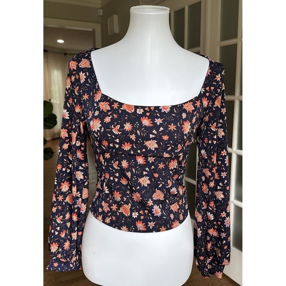 NWT Lush Naomi Square Neck Cropped Knit Top Navy Rust Paisley Size M Medium - Picture 1 of 7